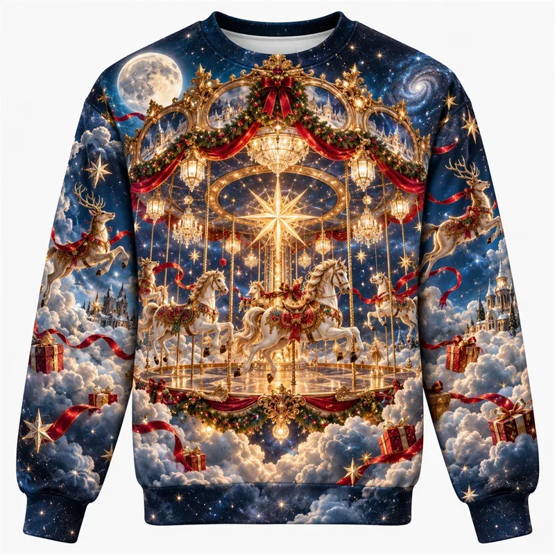 Vánoční Fantasy mikina Train Castle Carousel Anděl Lední medvěd Crewneck Vánoční svetr Holiday Party Streetwear dárek Top
