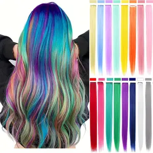 5 buah/set klip warna-warni dalam ekstensi rambut sintetis pelangi potongan rambut lurus panjang untuk wanita anak perempuan gaya Y2K pesta sehari-hari