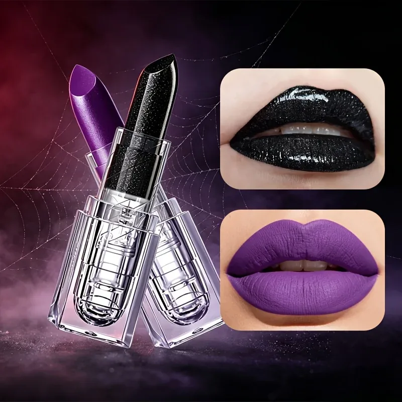 Clear Square Case Csillogó fekete matt lila rúzs Halloween Cosplay Stage kreatív sötét ajak smink