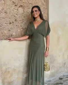 Kvinnor Solid Djup V-ringad Mesh Lång Klänning Elegant Puff Kortärmad Rynkad midja Hög Vestidos 2026 Summer Lady Casual Street Robe