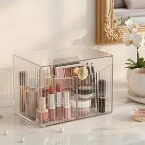 Suport de pinzells de maquillatge acrílic transparent amb 2 compartiments i coberta abatible Organitzador d'eines de maquillatge Suport de pintallavis Emmagatzematge de cosmètics