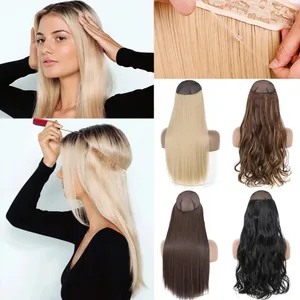 Extensions de cabell natural sense clip, filferro invisible sintètic, llarg recte, negre, marró, ros, falso peix per a dones
