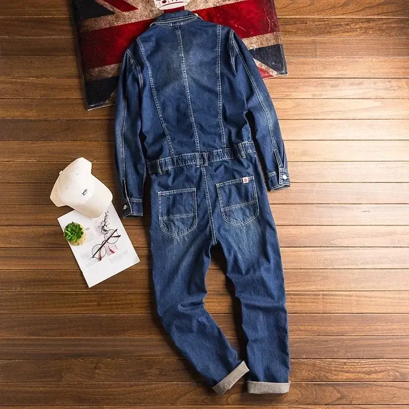 Denim Jumpsuits Loose Pockets Long Sleeve Overalls Lapel Collar Pockets Cargo Jeans for Men