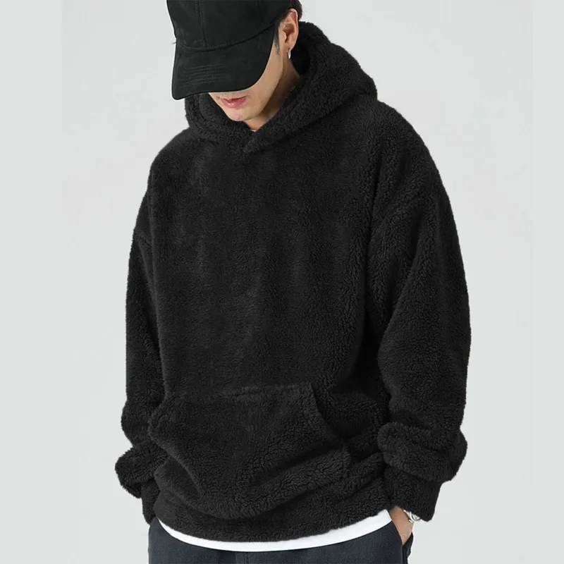 ผู้ชายคอกลมแขนยาว Coral ขนแกะ Hooded Sweatshirt ฤดูหนาว WARM หนาสีทึบแขนยาวขนาดใหญ่ Hoodies