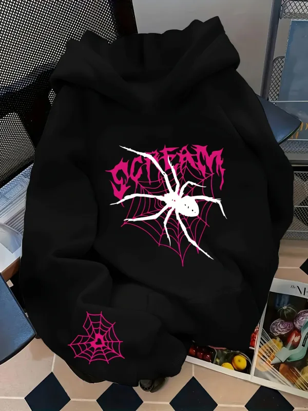 Sweat-shirt à capuche Gothic Spider Print Hip Hop Sports Casual Streetwear Pink Graffiti pour homme Hauts