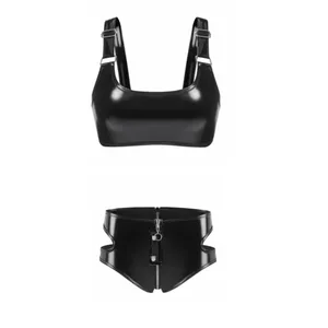 Damen-BH-Dessous-Set aus PVC-Kunstleder im Wet-Look, ohne Bügel, ungefüttert, Bralette, Punk-Slip mit Reißverschluss im Schritt, Clubwear, Neu