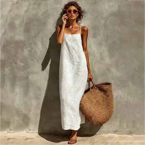 Verão feminino cor sólida casual confortável deslizamento vestido de verão areia beachwear sem costas sem mangas solto maxi vestidos longos de férias