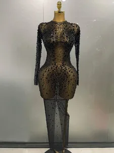 Sexy Shinny Rhinestone Stretch Mesh Transparent Long Dress 2025New Women Evening Birthday Party Prom Nightclub Singer Stage Wear