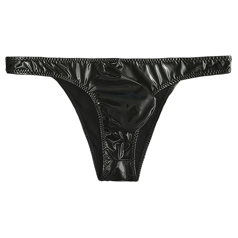 1pc Men Glossy Faux Leather Briefs Bulge Pouch Wide Waist Low Rise Underwear Erotic Lingerie Half-exposed Butt Gay Sissy Briefs