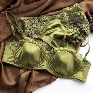 Europeu-americano sexy cetim meia xícara confortável conjunto de roupa interior de suporte superior fino com anel de aço borda de renda verde sutiã brilhante