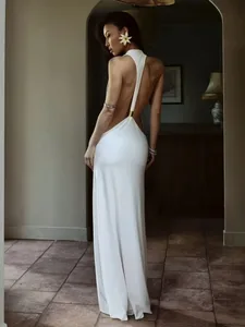 솔리드 홀터 백 레스 사이드 컷 아웃 맥시 드레스 여성 스트레치 저지 바닥 길이 슬림 Bodycon 드레스 나이트 클럽 휴가 가운