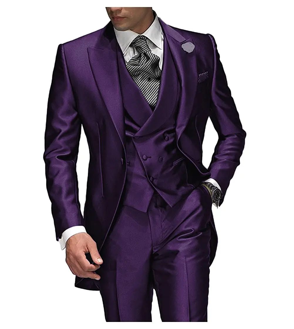 2026 Best Selling Peak Lapel Single Breasted Men Wedding Suits Purple Groom Tuxedo For Men Prom Suits Groomsman Jacket+Pant+Vest